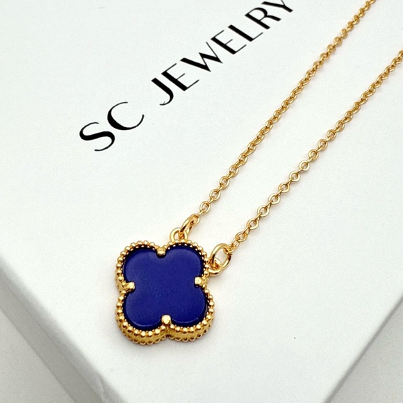 Last 1 🔥 Royal Blue Clover Necklace 14k Gold Tone Double Sided - Picture 8 of 13